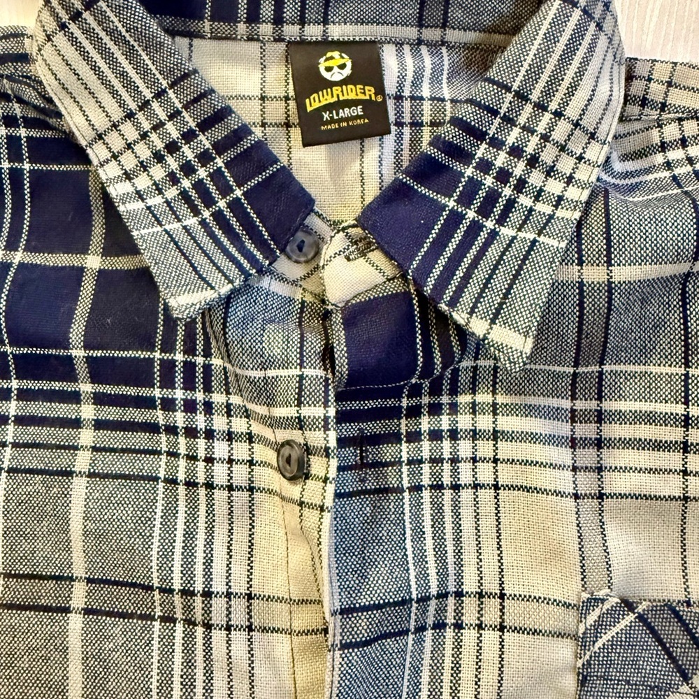 Vintage 90s Lowrider Flannel Shirt XL Plaid Chicano Cholo Style Navy blue & gray